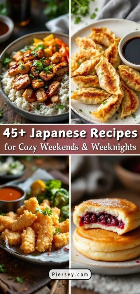 Collage of Japanese dishes: teriyaki chicken bowl, gyoza with sauce, tempura shrimp, and pancake with berry filling. Text: "45+ Japanese Recipes."