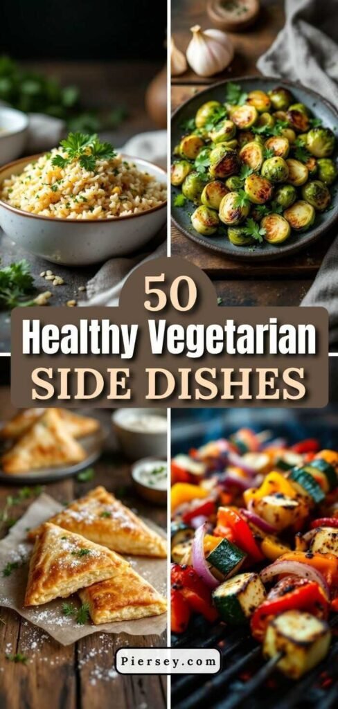 Collage of vegetarian dishes with text "50 Healthy Vegetarian Side Dishes." Includes rice, roasted Brussels sprouts, pastry triangles, and grilled veggies.