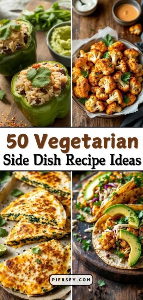 A collage of vegetarian side dishes: stuffed bell peppers, roasted cauliflower, cheesy quesadillas, and tacos with avocado, labeled "50 Vegetarian Side Dish Recipe Ideas" from piersey.com.