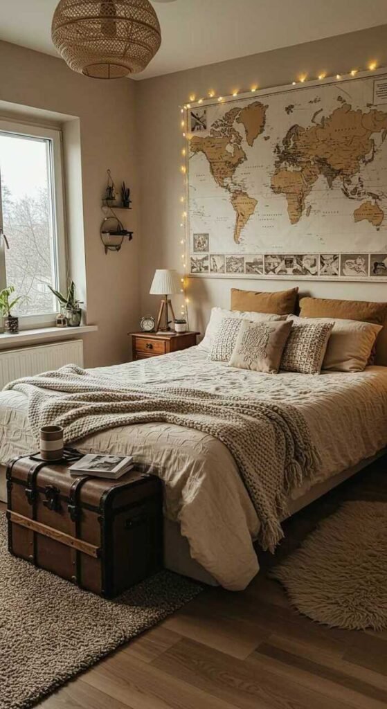 Aesthetic bedroom with a travel theme, featuring a world map, cozy bedding, and warm lighting.
