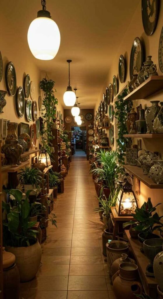 A hallway decorated with artisan pottery, plants, and lanterns, showcasing a warm and inviting atmosphere.
