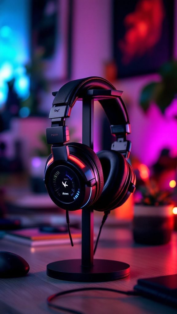 Artistic headphone stand with a sleek design in a colorful gaming room