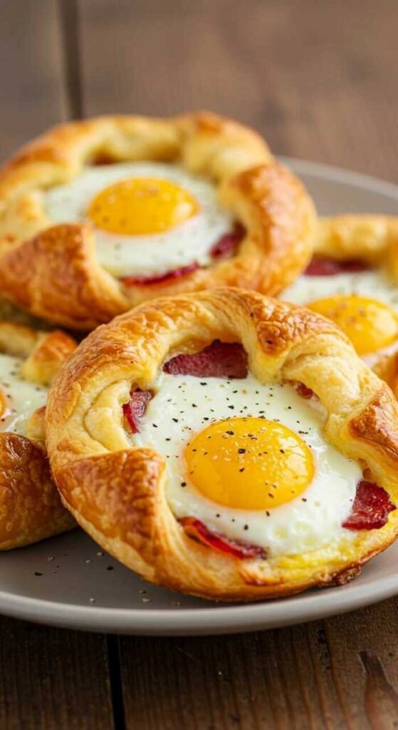 Bacon and egg breakfast pastries on a plate