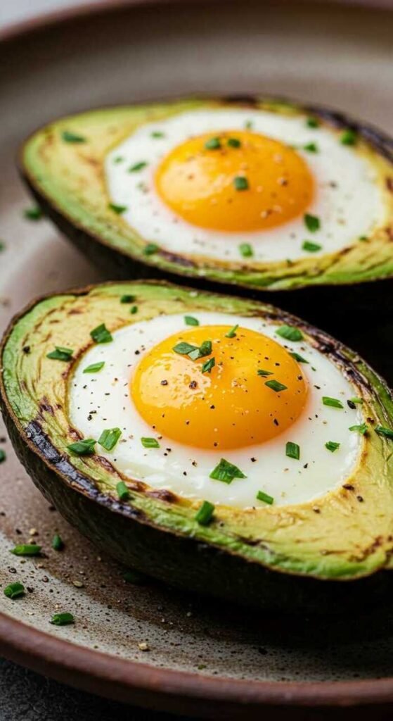 A plate with baked eggs in avocado, garnished with herbs.