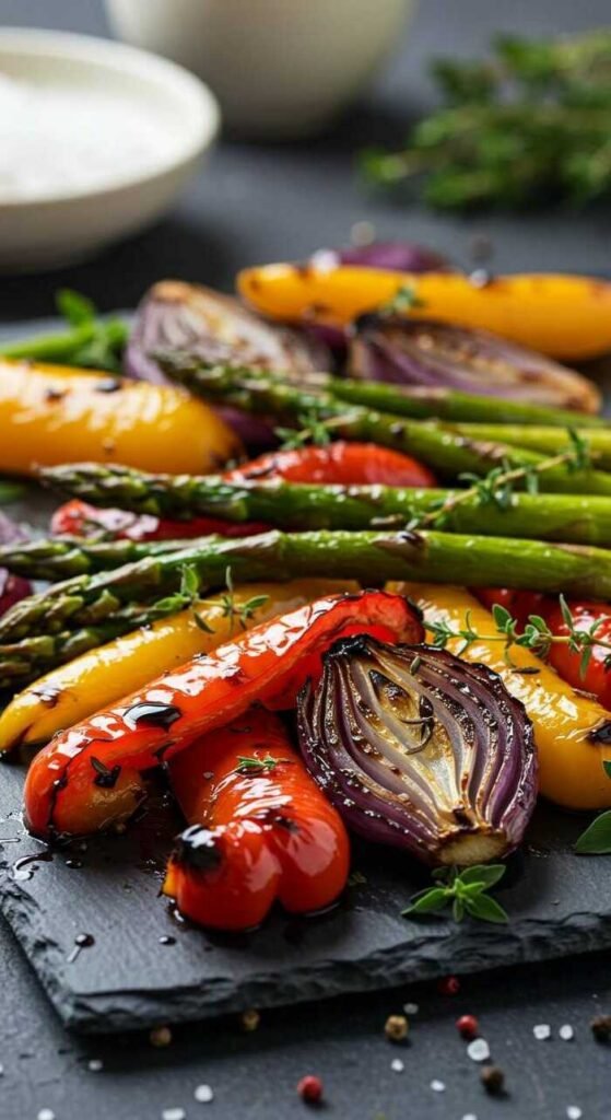 A platter of vibrant balsamic roasted vegetables.