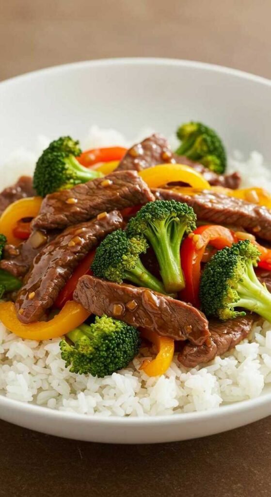 A bowl of Beef and Broccoli Stir-Fry served over rice, featuring tender beef, vibrant broccoli, and colorful bell peppers.