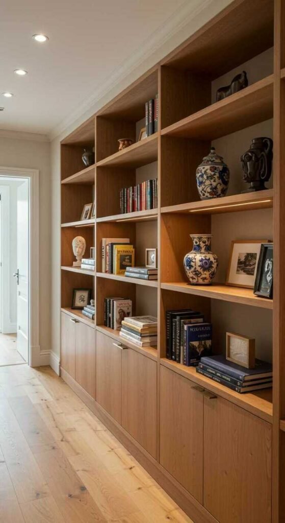 A stylish hallway featuring bespoke shelving units with books and decorative items.