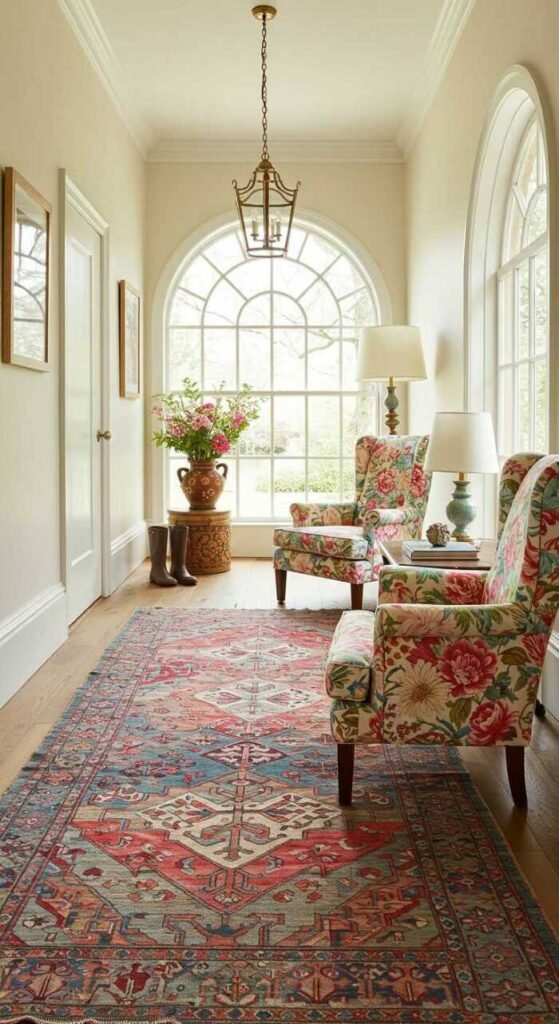 Bohemian hallway with floral accent chairs and colorful runner rug.