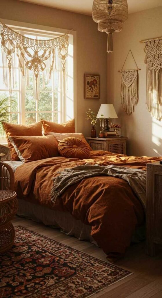 A cozy bohemian chic bedroom featuring macrame wall hangings, indoor plants, and layered bedding in warm colors.