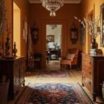 A warmly lit hallway with orange walls features vintage wooden furniture, ornate mirrors, and vibrant patterned rugs. A chandelier hangs overhead.