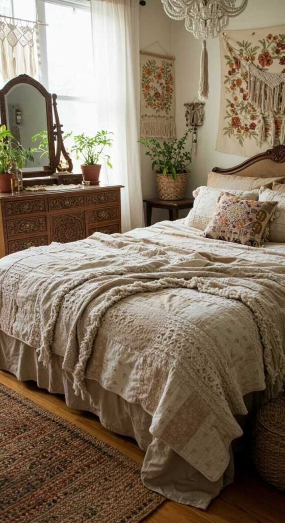 A bohemian inspired bedroom with layered bedding, indoor plants, vintage furniture, and soft lighting.