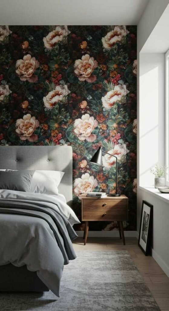 A stylish bedroom featuring a bold accent wall with floral wallpaper, cozy bedding, and modern decor.