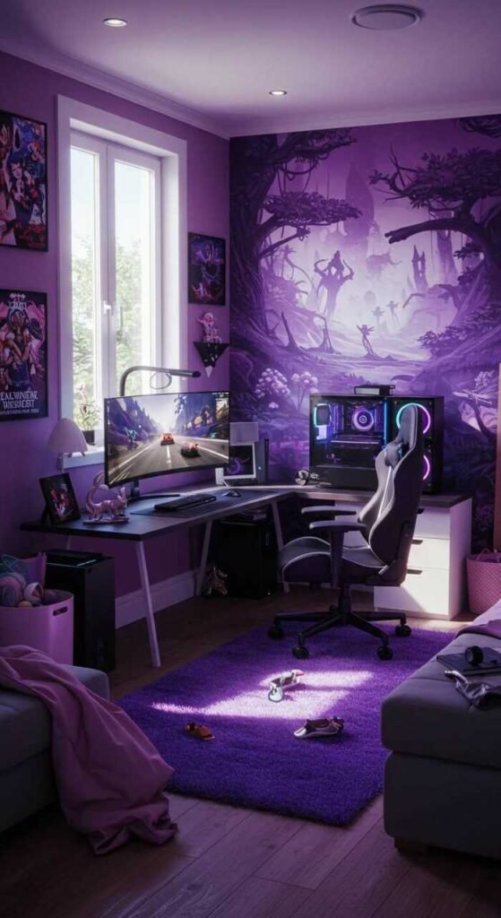 A gaming room with a colorful mural accent wall, featuring a stylish gaming chair and desk.
