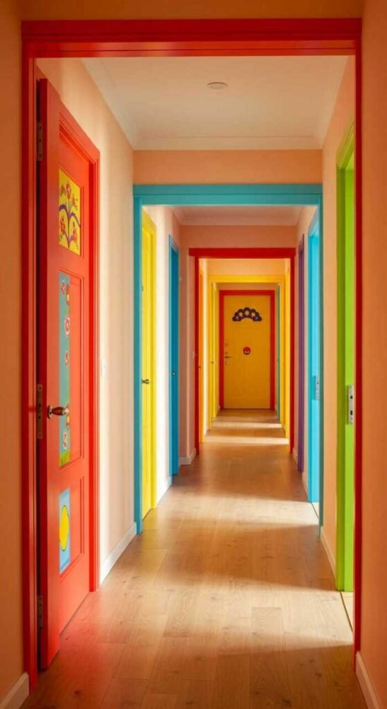 A vibrant hallway with colorful doorways in various bright hues.