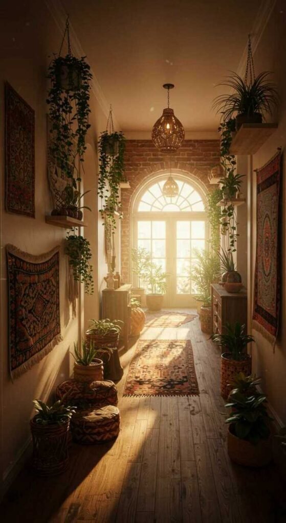A bohemian hallway filled with cascading plants, natural materials, and warm lighting.