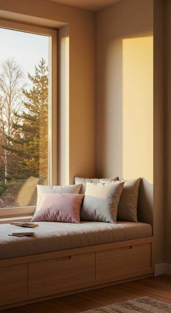 Cozy window seat with cushions, soft lighting, and a view of the outdoor trees