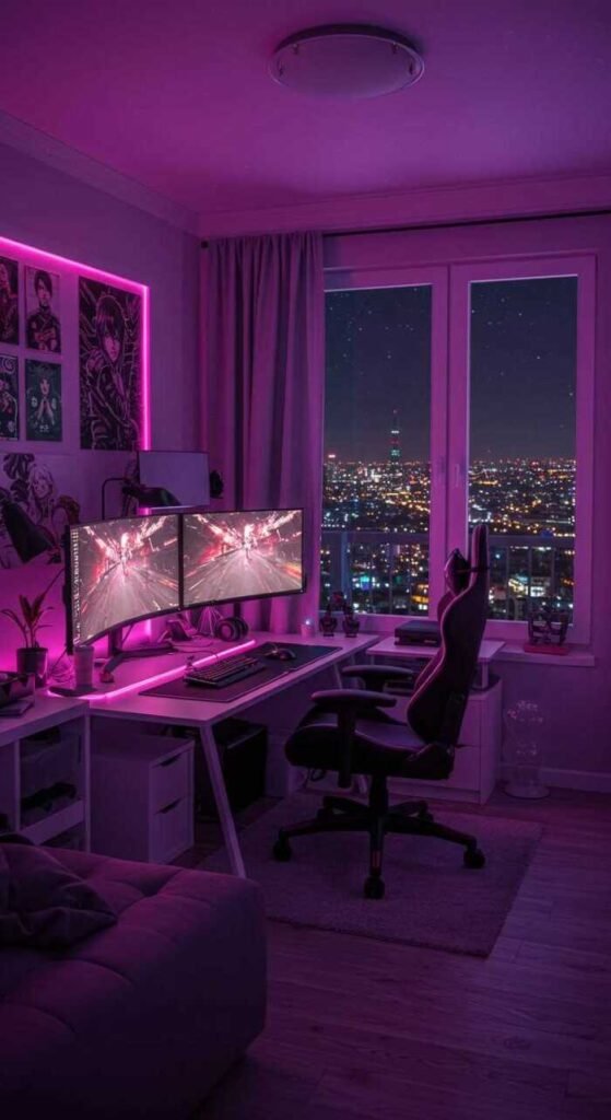A modern gaming room with blue curtains and city view