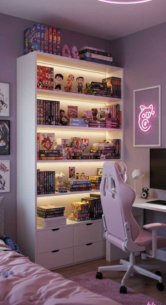 Stylish bookshelves showcasing games, books, and decor in a modern gaming room.