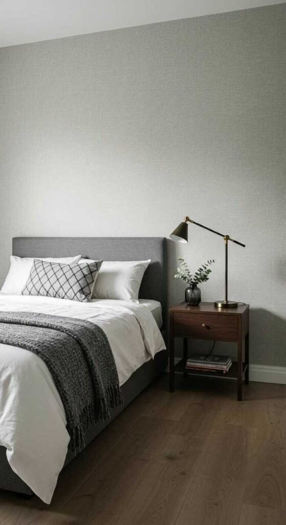Chic urban studio bedroom with neutral color palette, layered bedding, and stylish decor