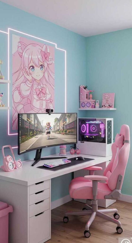 A gaming room featuring vibrant LED lighting, artistic wall art, and a sleek gaming desk.
