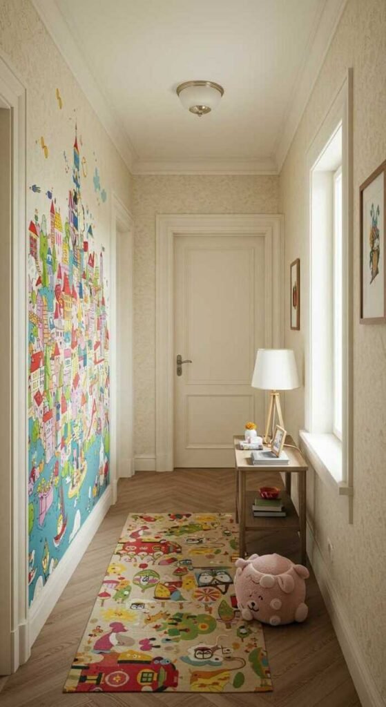A cozy hallway with a whimsical wall decal and decorative plants