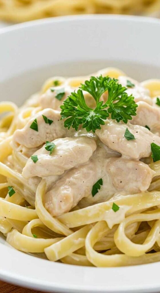 A bowl of creamy Chicken Alfredo Pasta topped with parsley