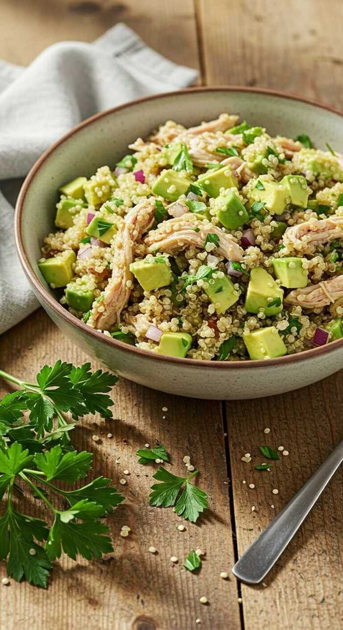 A bowl of quinoa salad with avocado, shredded chicken, red onion, and parsley on a wooden table. A sprig of fresh parsley and a gray napkin are nearby.