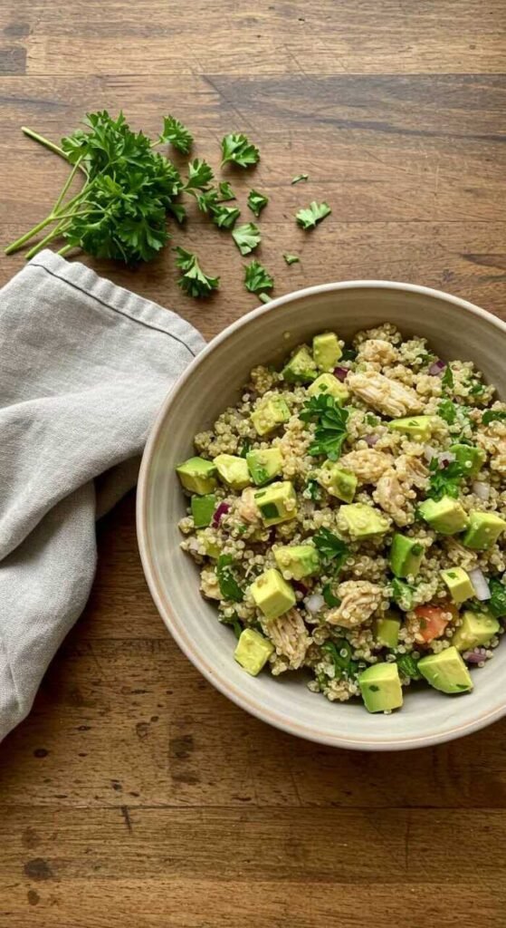 A bowl of quinoa salad with avocado, parsley, and visible veggies sits on a wooden table, next to a gray napkin and fresh parsley sprigs, evoking freshness.