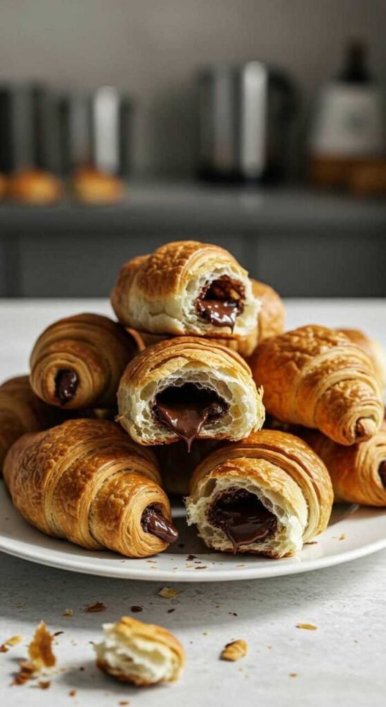 Golden and flaky chocolate croissants on a plate