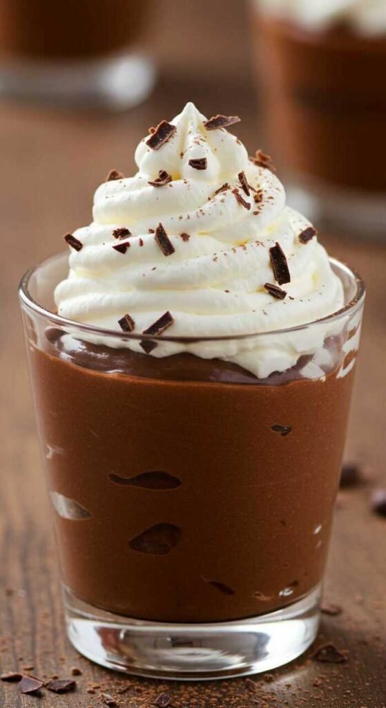Delicious chocolate pudding parfait with whipped cream and chocolate shavings on top.