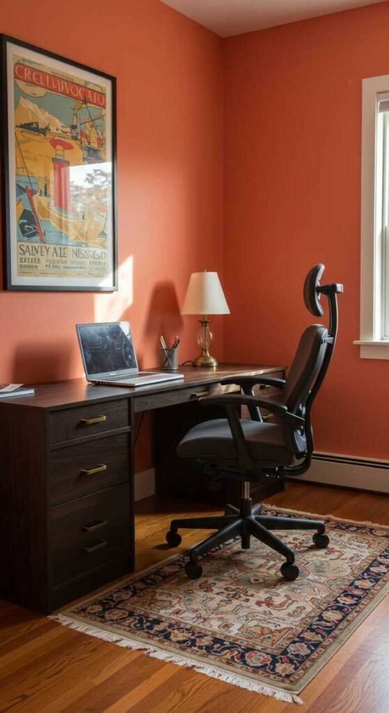 A cozy and stylish home office with coral walls, a desk, ergonomic chair, and wall art.