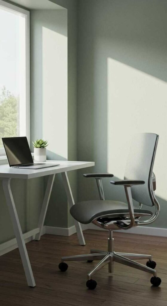 A cozy home office with a minimalist desk, ergonomic chair.
