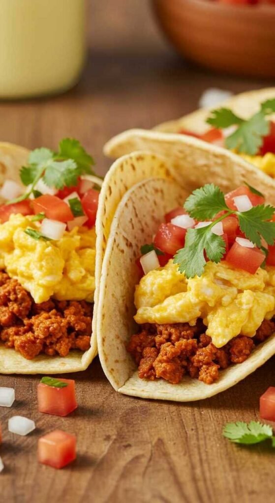 Chorizo and egg breakfast tacos with fresh toppings