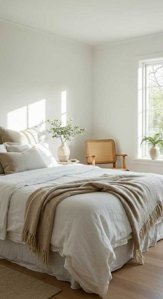 Aesthetic bedroom with neutral colors, layered bedding, and indoor plants.