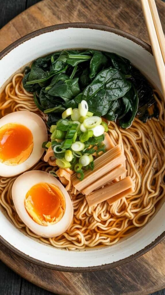 A steaming bowl of classic ramen with soft boiled egg, garnished with fresh vegetables.
