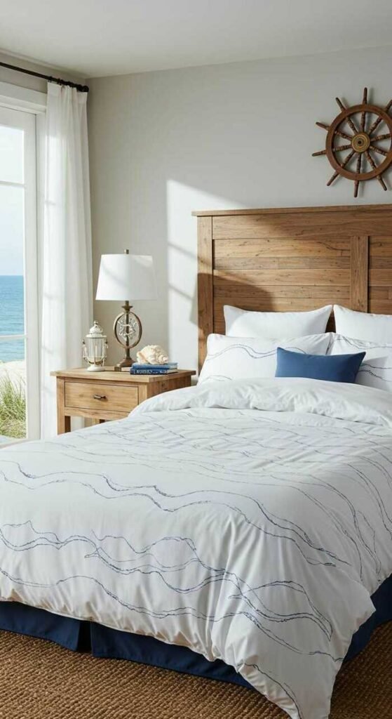 A serene coastal-themed bedroom featuring soft white bedding, wooden furniture.