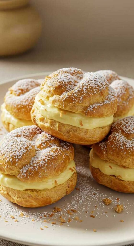 A plate of coconut cream puffs dusted with powdered sugar.