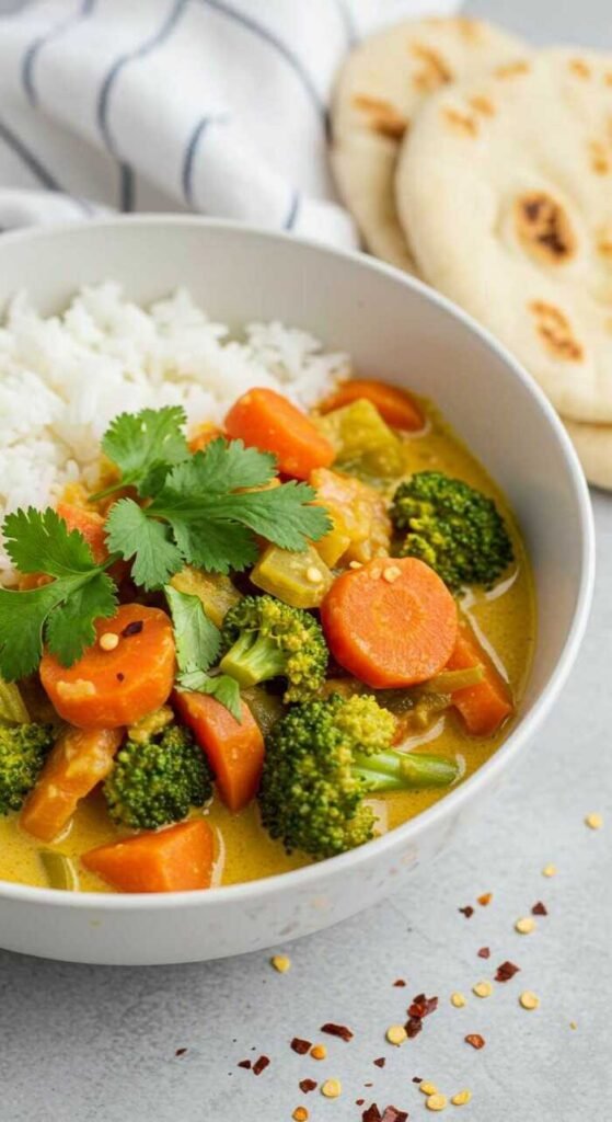 A bowl of colorful Coconut Milk Vegetable Curry topped with cilantro