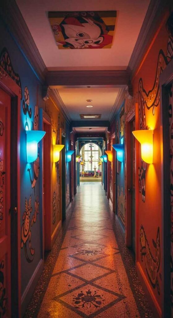 A colorful hallway with vibrant wall sconces and artistic decor.