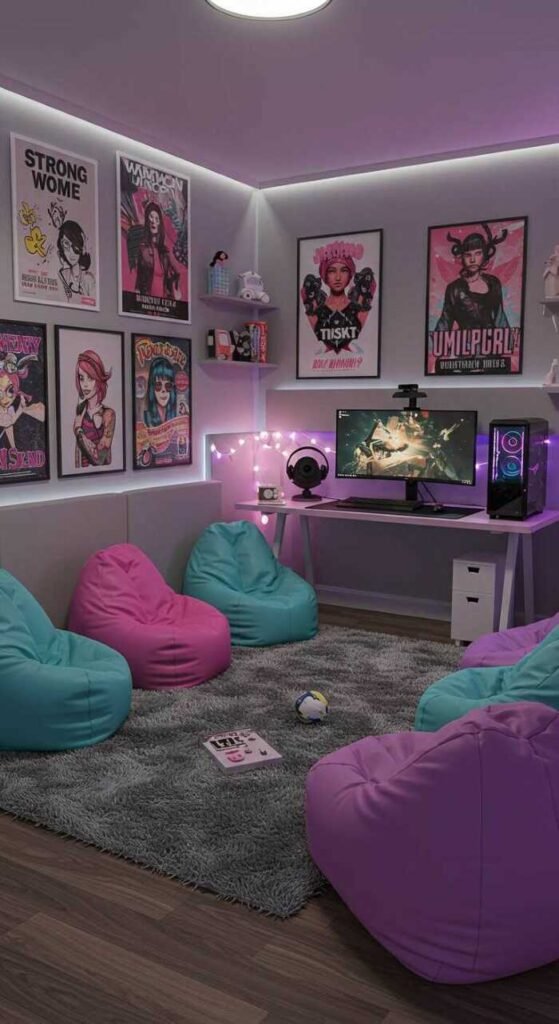 A cozy gaming room with colorful bean bags on a plush rug, creating a comfortable seating area.