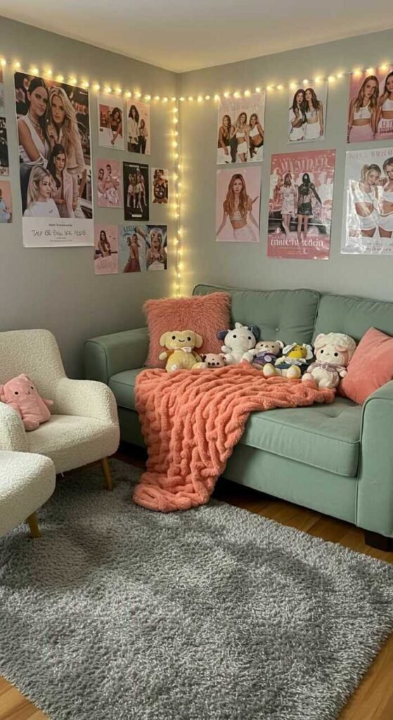 A cozy gaming room featuring a comfortable couch with a throw blanket, plush rug, and soft lighting.