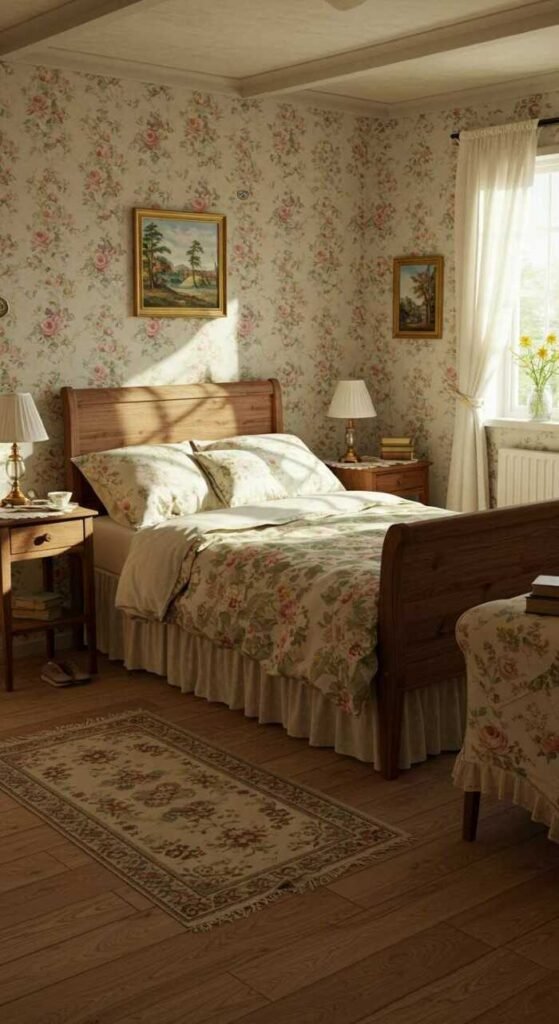 A cozy cottagecore bedroom featuring vintage furniture, floral patterns, and warm lighting.