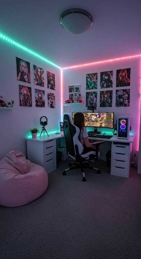 A cozy gaming room with colorful ambient lighting, a sleek gaming desk, and a plush chair