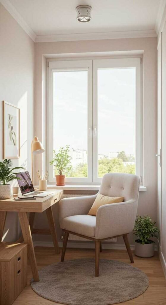 Cozy home office nook with plants and natural light