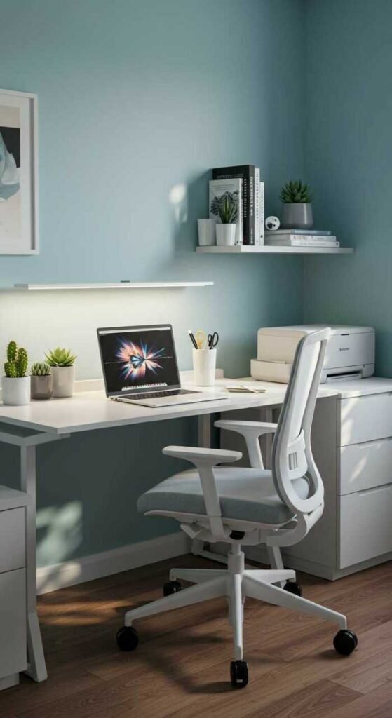 A stylish small home office featuring a desk, ergonomic chair, and plants.