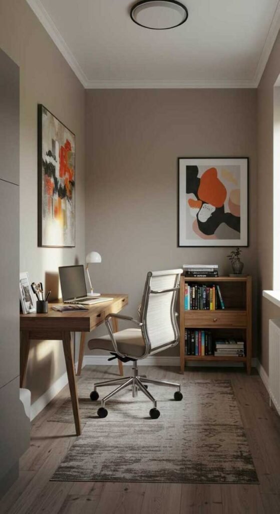 A cozy small home office with a workspace and a relaxation area.