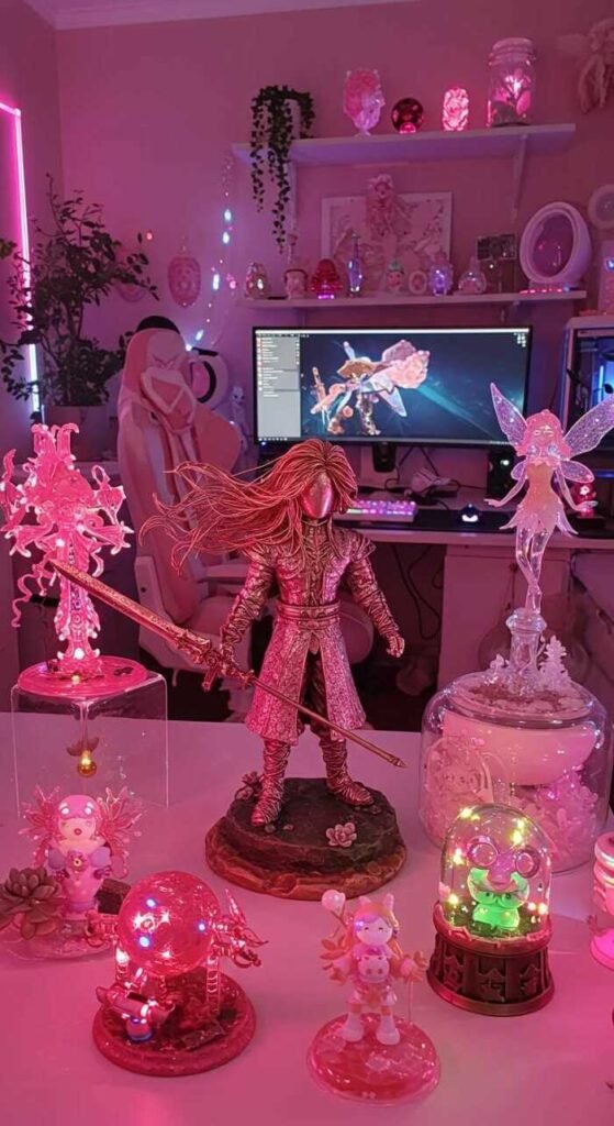 A creative display of game-inspired sculptures in a gaming room setting.