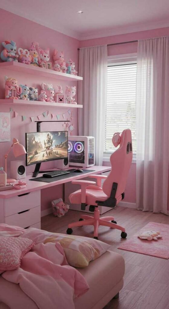A cozy gaming room featuring stylish decor with wall art, and cozy seating.