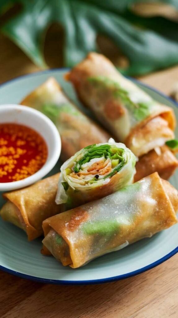 Crispy spring rolls stacked on a plate with a vibrant dipping sauce.