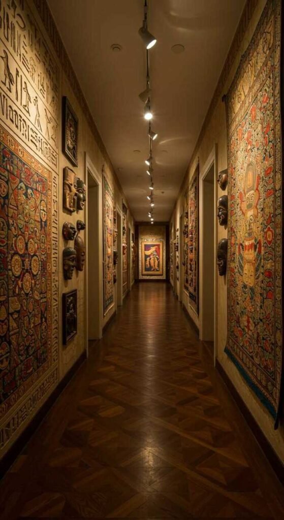 A hallway decorated with various cultural artifacts, including vintage tables, handmade pottery, and framed photographs.